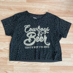 Bohemian Cowgirl Cropped Leopard Print Western Short Sleeve Tee Shirt Large